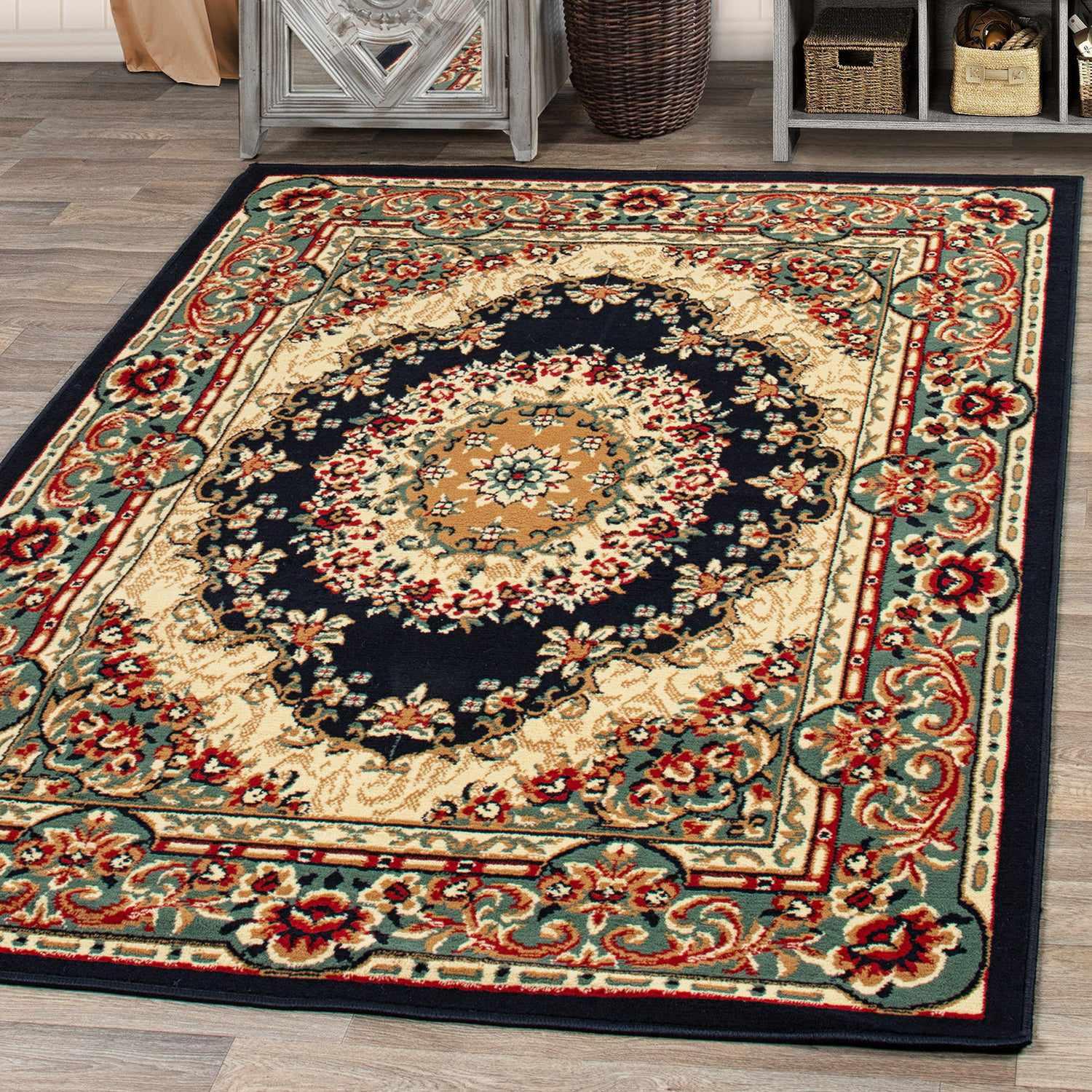 Superior Tayana Traditional Oriental Floral Medallion 3-Piece Indoor Area Rug Set - Midnight Blue