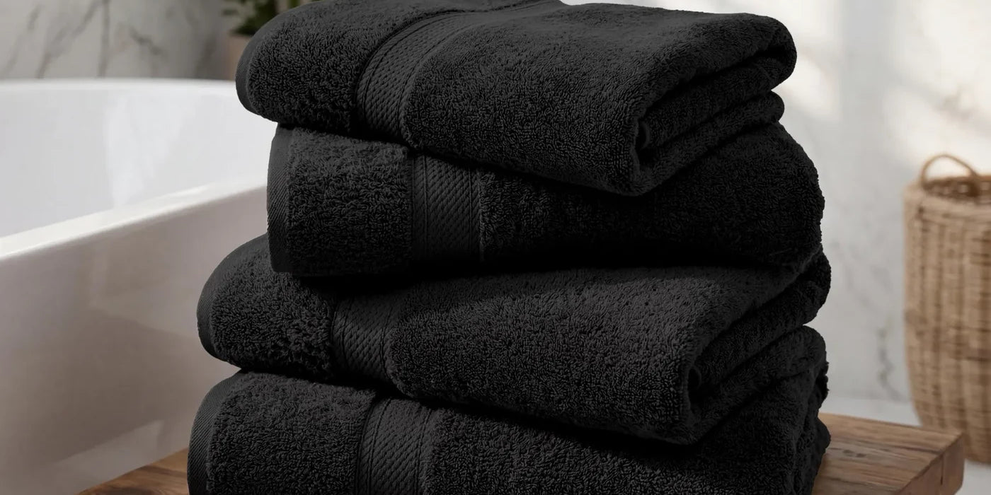 Superior Madeline cotton bath towel set in black, folded beside a bathtub