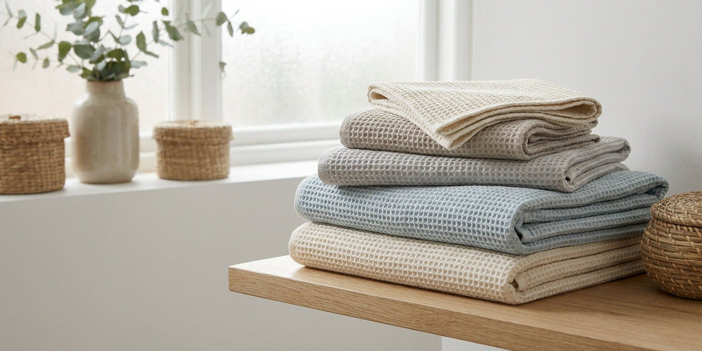 Waffle weave towels for a lightweight bathroom