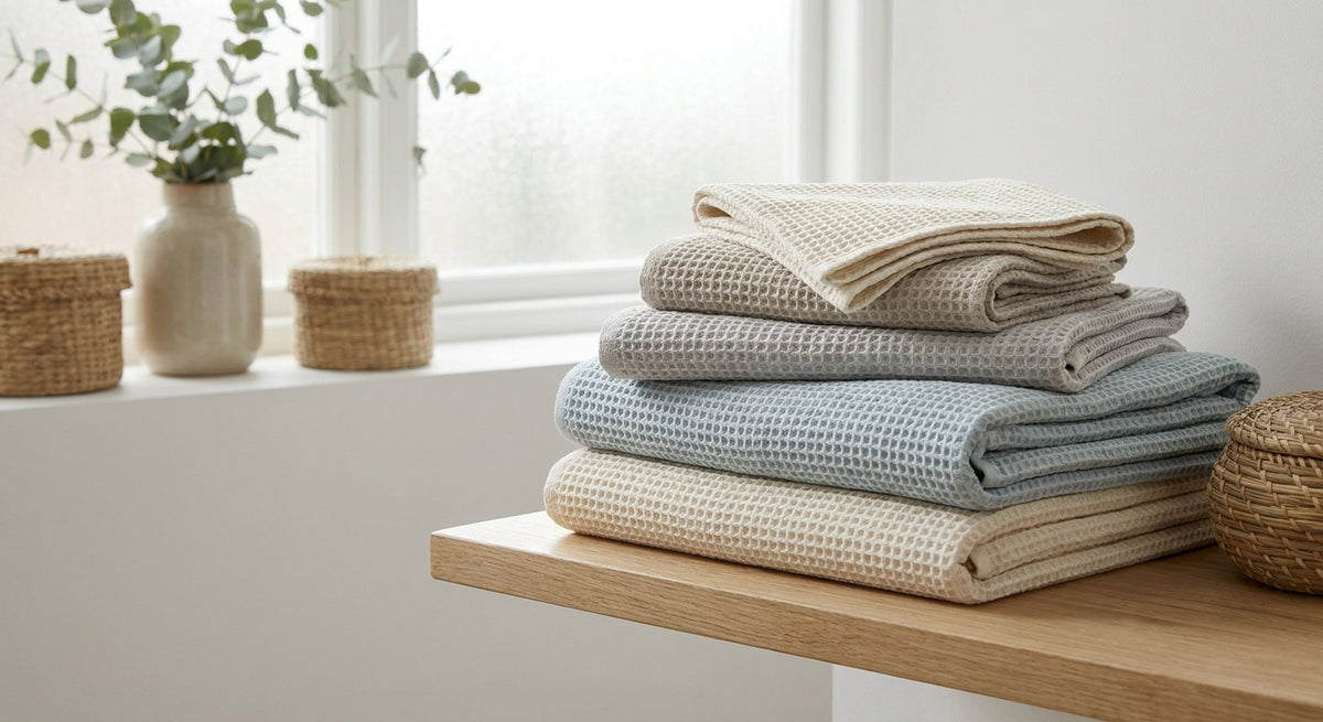 Waffle weave towels for a lightweight bathroom