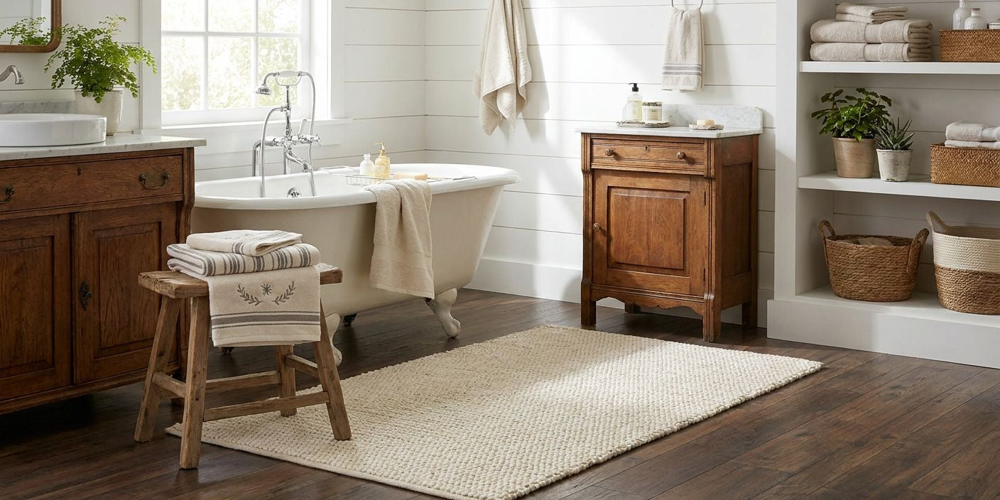 Cotton bath rugs for a farmhouse bathroom