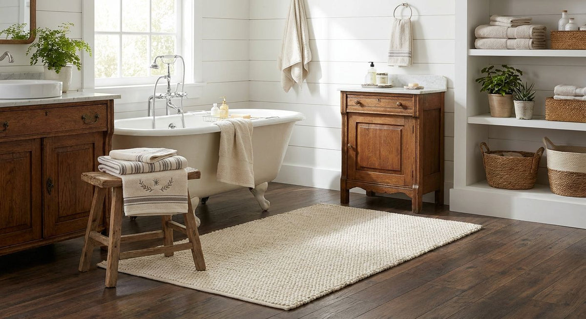 Cotton bath rugs for a farmhouse bathroom
