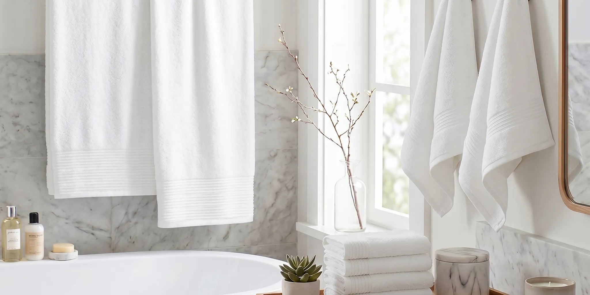 Superior white cotton towels styled in a marble bathroom