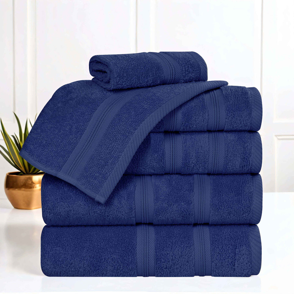 Superior zero-twist cotton 6-piece towel set in navy blue