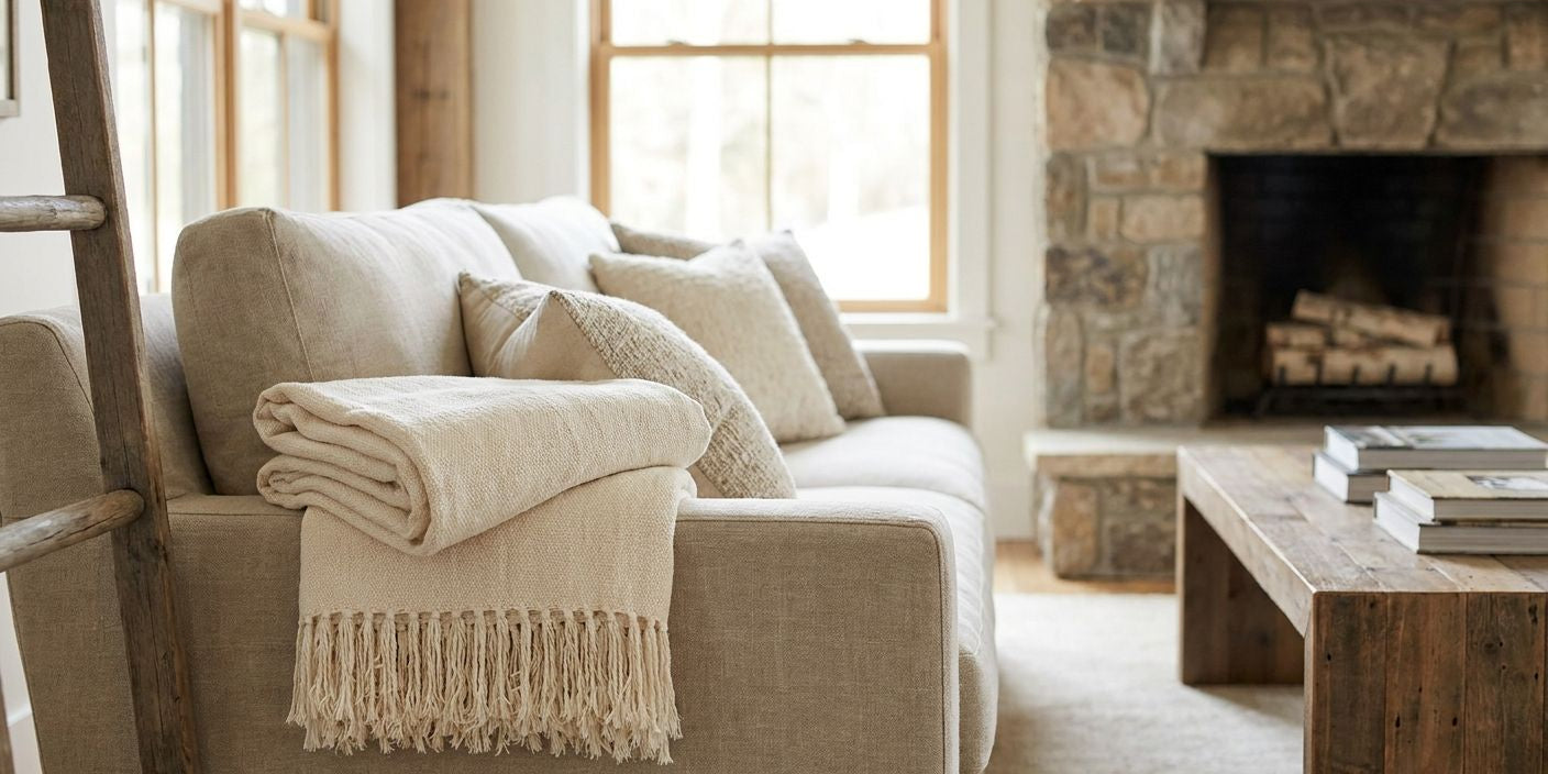Cotton throw blankets for a farmhouse living room
