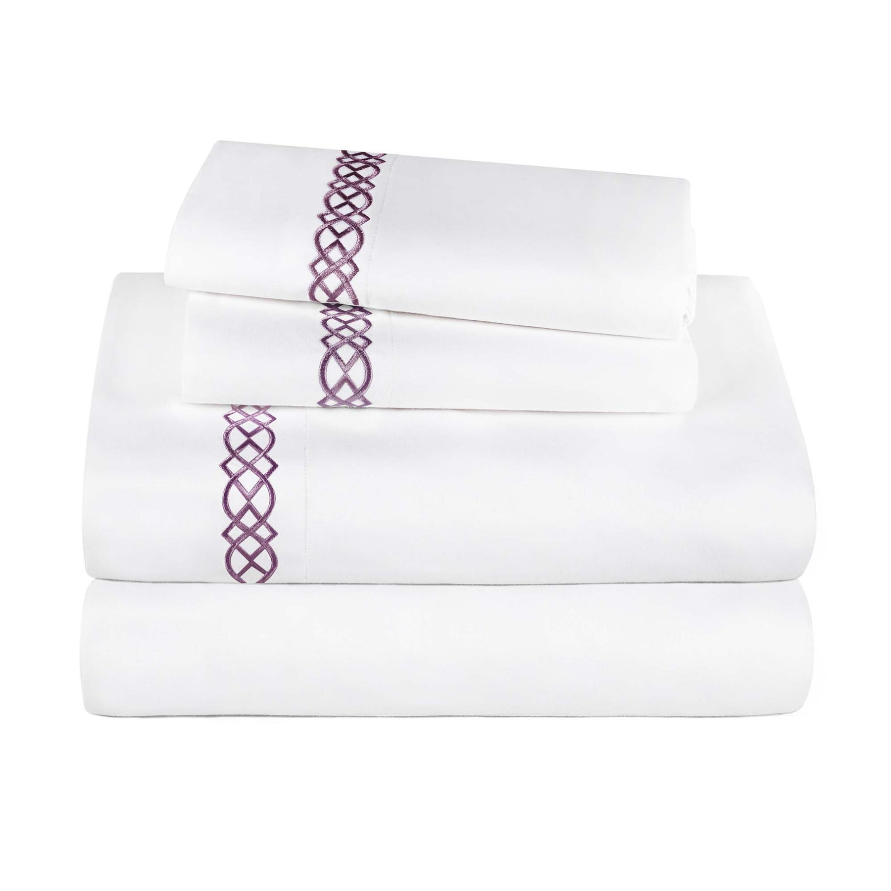 Egyptian Cotton 1000 Thread Count Embroidered Bed Sheet Set - White - Plum
