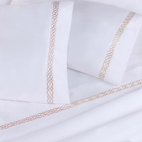 Egyptian Cotton 1000 Thread Count Embroidered Bed Sheet Set - White - Tan