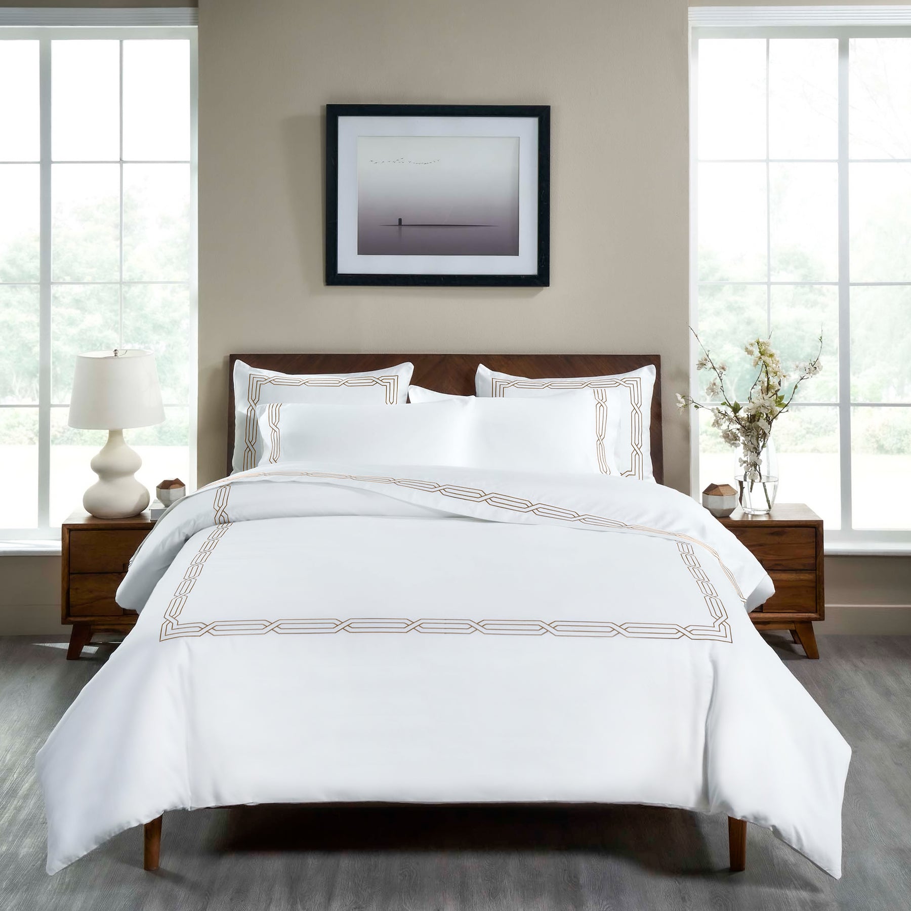 Superior Egyptian Cotton 1200 Thread Count Embroidered Geometric Scroll Duvet Cover Set - White-Taupe