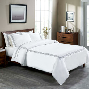 Superior Egyptian Cotton 1200 Thread Count Embroidered Geometric Scroll Duvet Cover Set -White- Charcoal