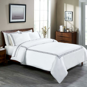 Superior Egyptian Cotton 1200 Thread Count Embroidered Geometric Scroll Duvet Cover Set - White-Navy Blue
