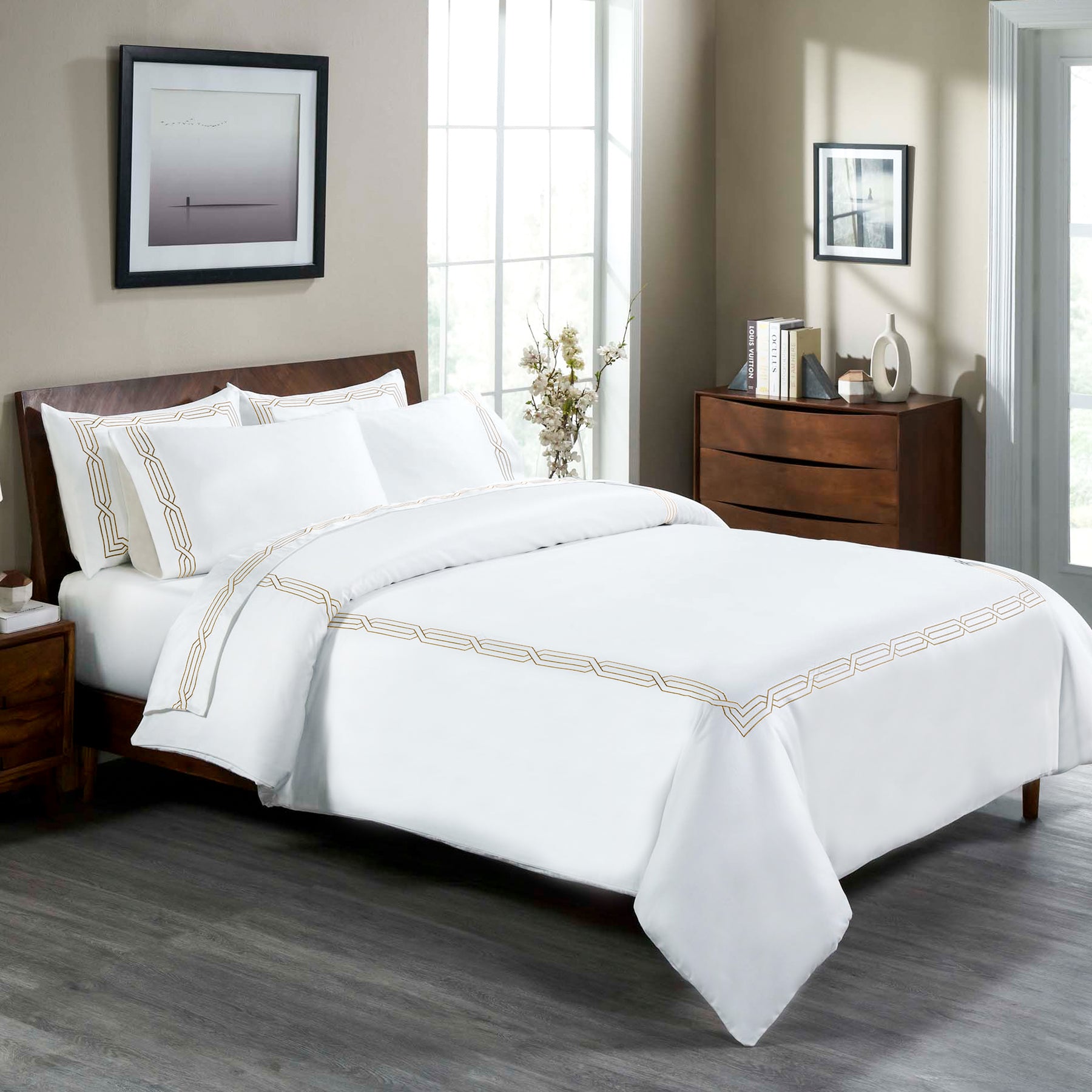 Superior Egyptian Cotton 1200 Thread Count Embroidered Geometric Scroll Duvet Cover Set  - White- Taupe