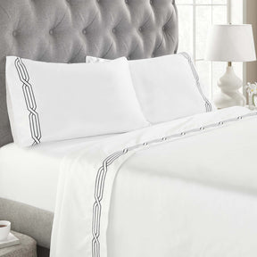 Superior Egyptian Cotton 1200 Thread Count Embroidered Geometric Scroll Bed Sheet Set - White-Charcoal