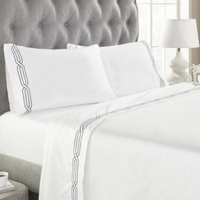 Superior Egyptian Cotton 1200 Thread Count Embroidered Geometric Scroll Bed Sheet Set - White-NavyBlue