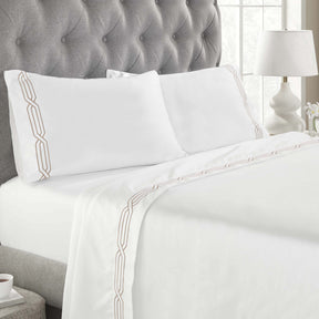 Superior Egyptian Cotton 1200 Thread Count Embroidered Geometric Scroll Bed Sheet Set - White- Taupe
