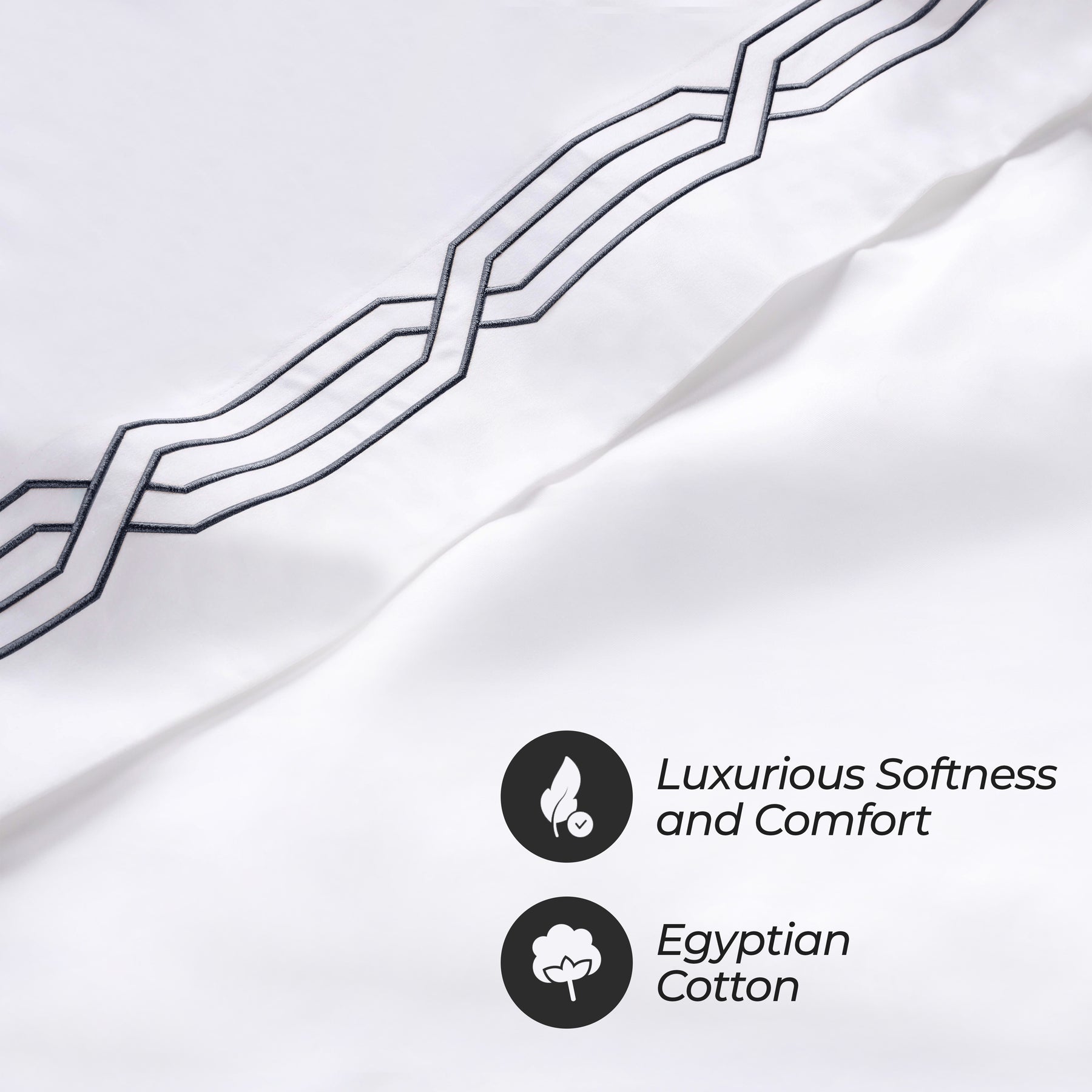 Superior Egyptian Cotton 1200 Thread Count Embroidered Geometric Scroll Bed Sheet Set - White-Navy Blue