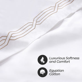 Superior Egyptian Cotton 1200 Thread Count Embroidered Geometric Scroll Bed Sheet Set - White-Taupe