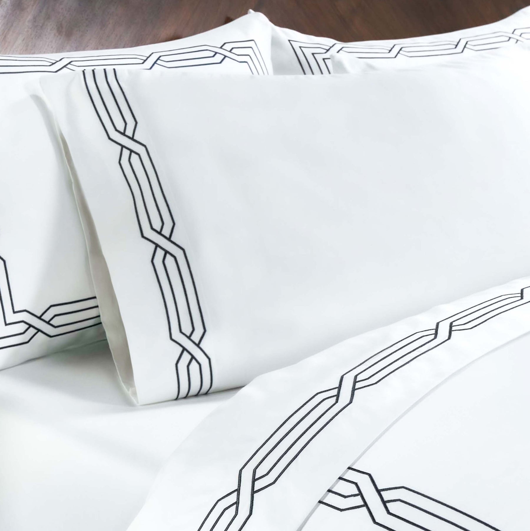 Superior Egyptian Cotton 1200 Thread Count Embroidered Geometric Scroll Bed Sheet Set - White-Charcoal