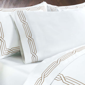 Superior Egyptian Cotton 1200 Thread Count Embroidered Geometric Scroll Bed Sheet Set - White-Taupe
