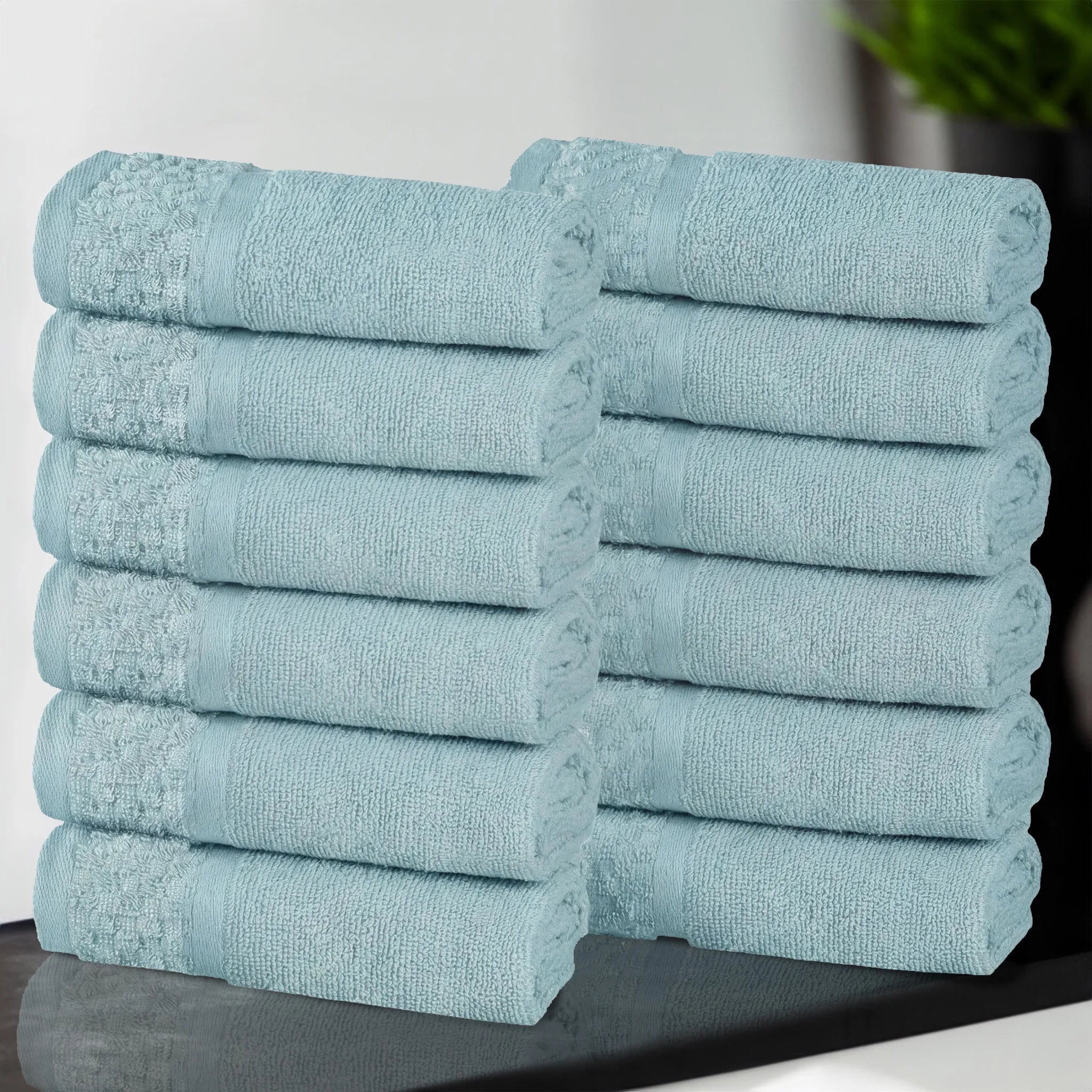 Lodi Cotton 12-Piece Washcloth Set – Mid-Weight Face Towels Solid with Woven Border