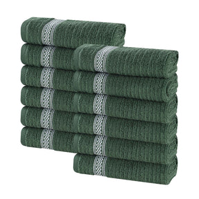 Zero Twist Cotton Ribbed Geometric Border Plush Face Towel - Forest Green