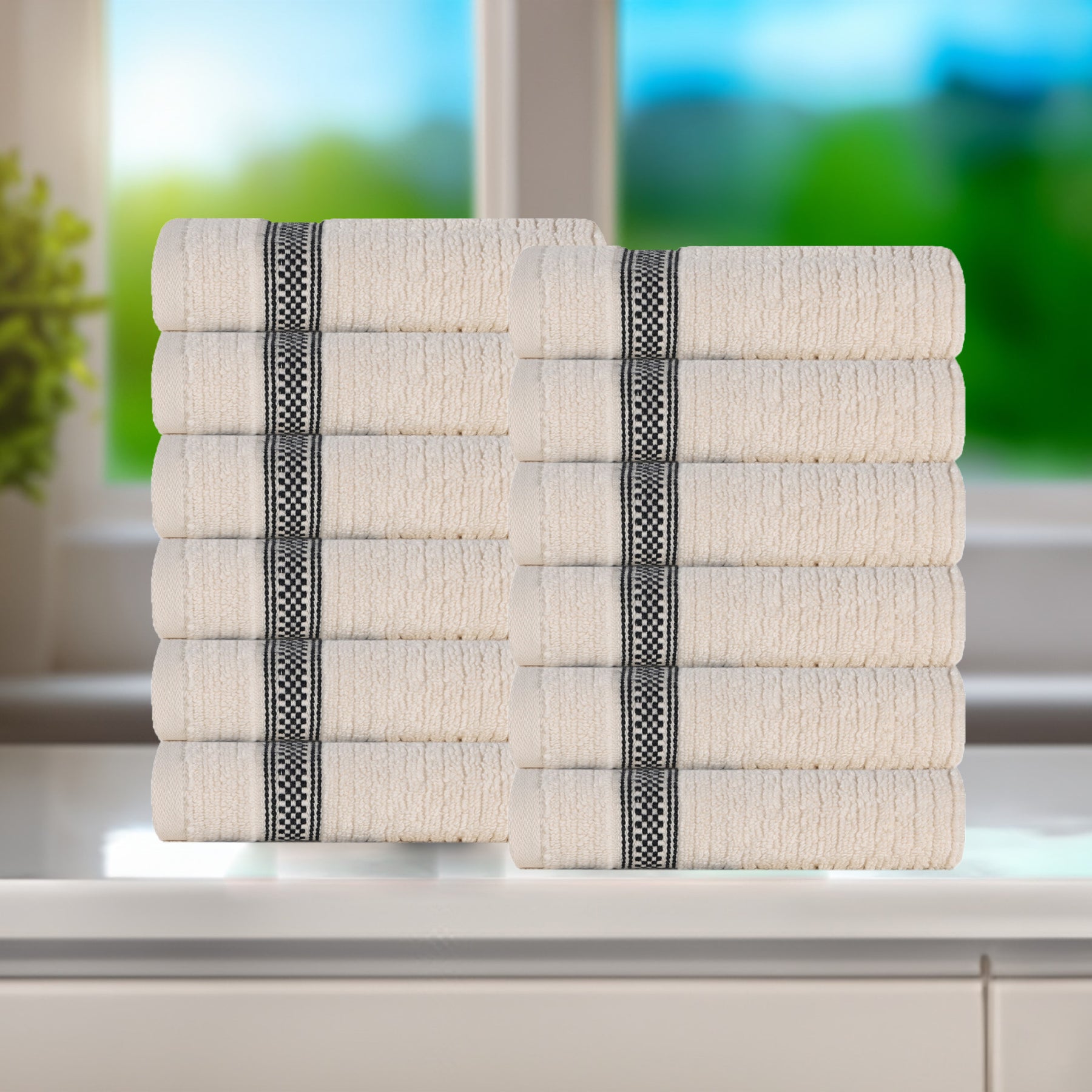 Zero Twist Cotton Ribbed Geometric Border Plush Face Towel - Ivory
