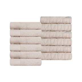 Premium Turkish Cotton Jacquard Herringbone and Solid 12-Piece Face Towel/ Washcloth Set -  Ivory