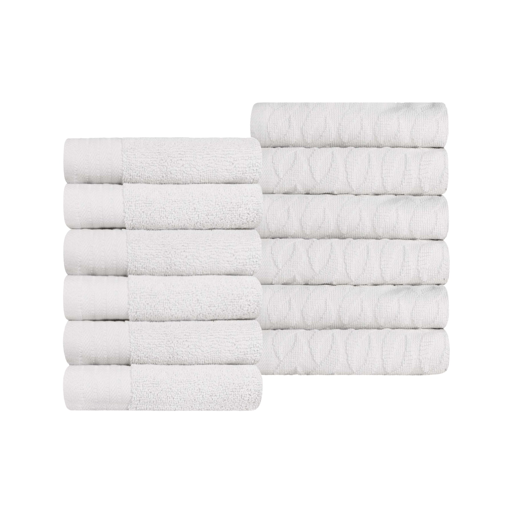Premium Turkish Cotton Jacquard Herringbone and Solid 12-Piece Face Towel/ Washcloth Set - White