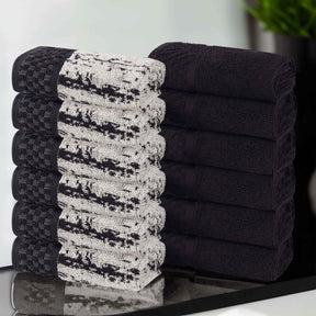 Lodie Cotton Jacquard Solid and Two-Toned Face Towel Washcloth Set of 12 - Black -Ivory