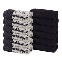 Lodie Cotton Jacquard Solid and Two-Toned Face Towel Washcloth Set of 12 - Black -Ivory