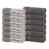 Lodie Cotton Jacquard Solid and Two-Toned Face Towel Washcloth Set of 12 - Charcoal-Ivory
