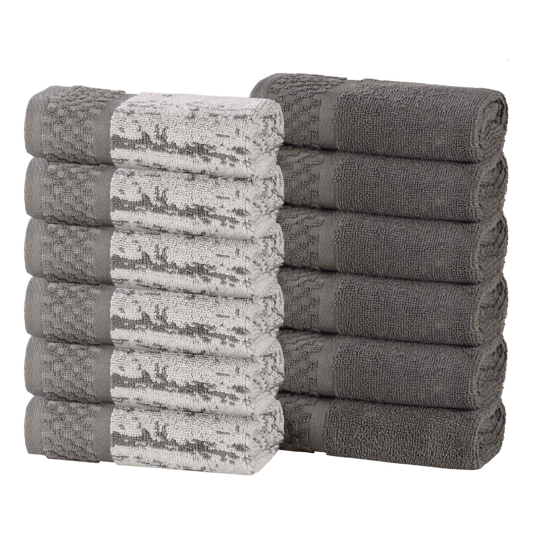 Lodie Cotton Jacquard Solid and Two-Toned Face Towel Washcloth Set of 12 - Charcoal-Ivory