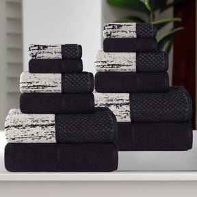 Lodie Cotton Jacquard Solid and Two-Toned 12 Piece Assorted Towel Set - Black-Ivory