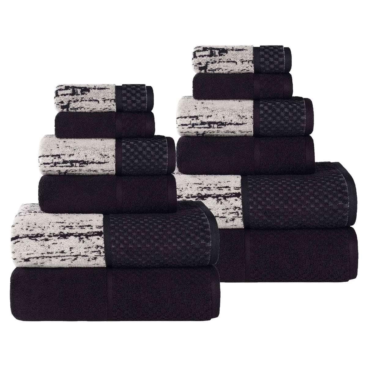 Lodie Cotton Jacquard Solid and Two-Toned 12 Piece Assorted Towel Set - Black-Ivory