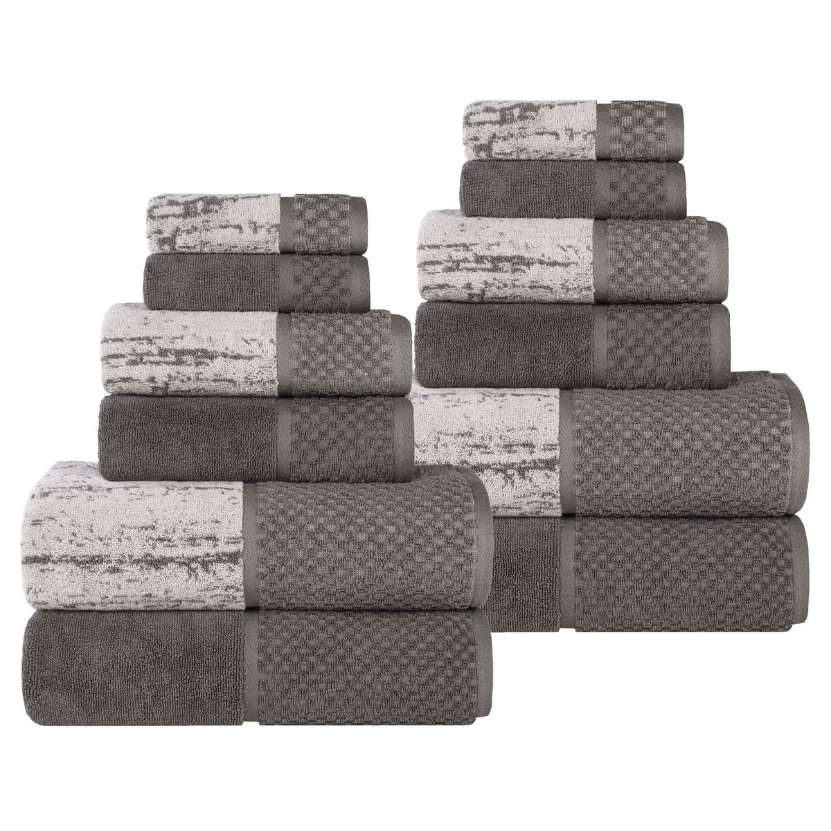 Lodie Cotton Jacquard Solid and Two-Toned 12 Piece Assorted Towel Set - Charcoal-Silver