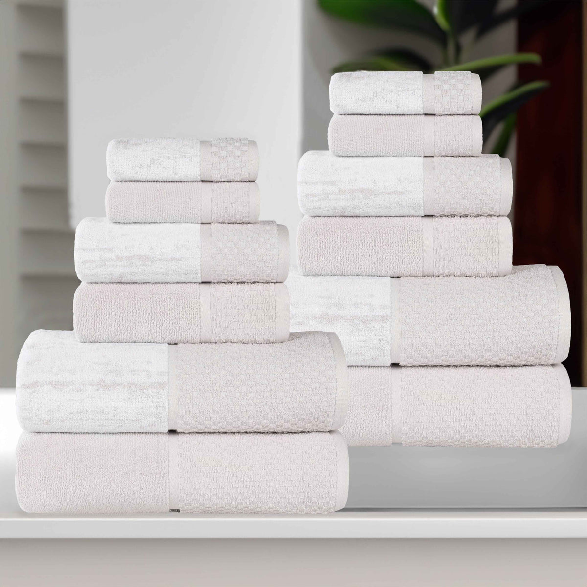 Lodie Cotton Jacquard Solid and Two-Toned 12 Piece Assorted Towel Set - Stone-White