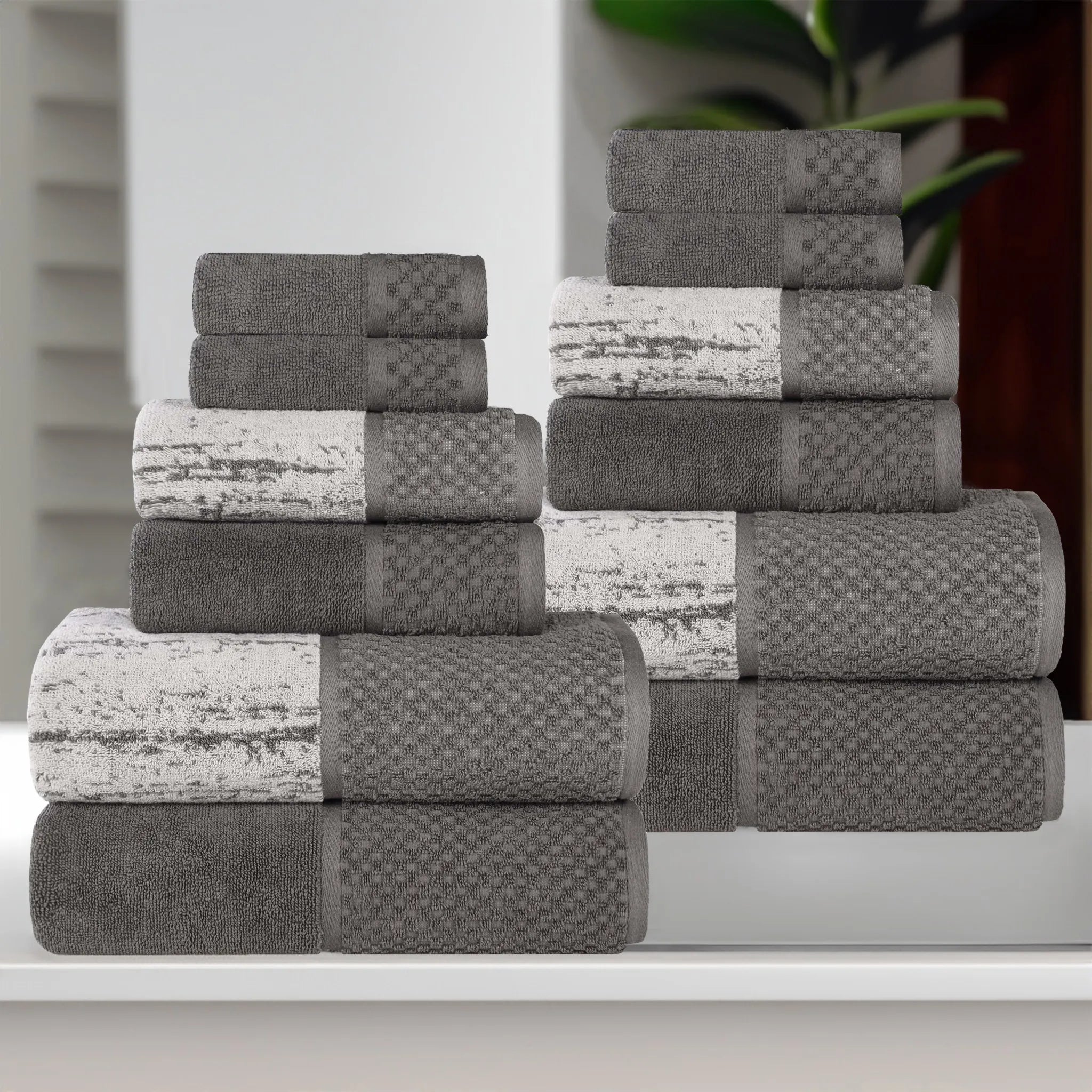 Lodi Cotton 12-Piece Bathroom Towel Set – Absorbent Mid-Weight Solids & Patterns