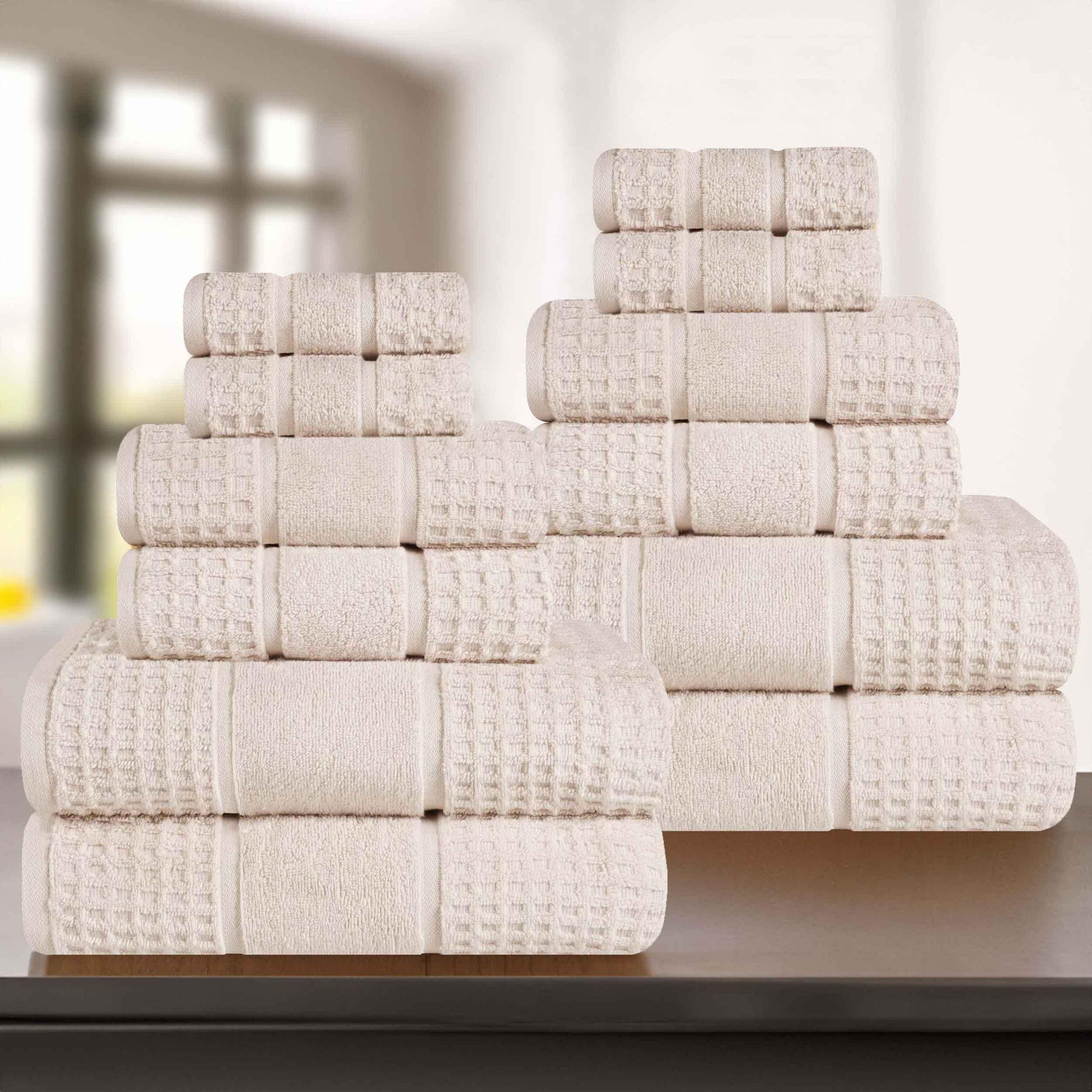 Zero Twist Cotton Waffle Honeycomb Plush Soft 12 Piece Towel Set - Ivory