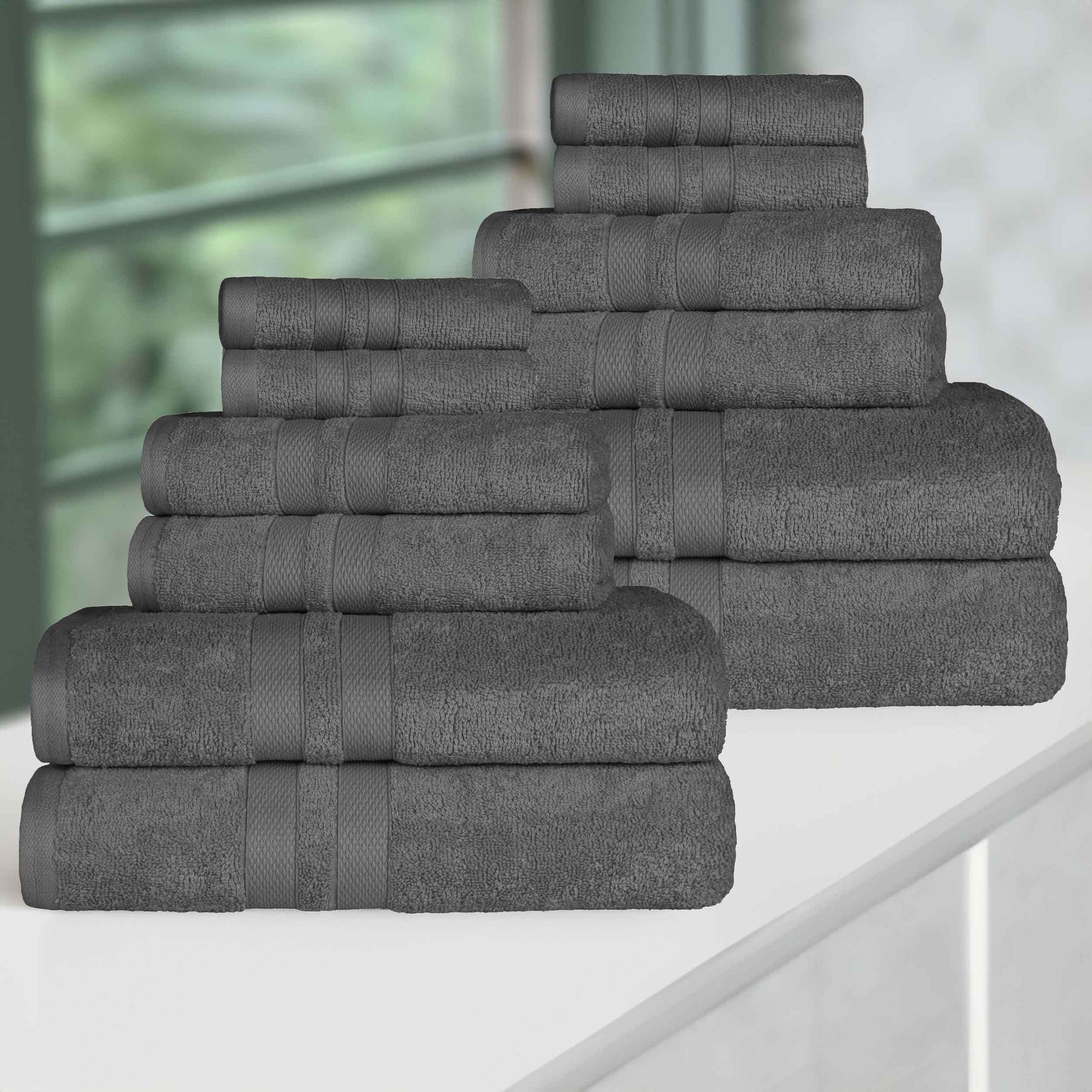 Ultra Soft Cotton Absorbent Quick Drying 12 Piece Assorted Towel Set - Charcoal