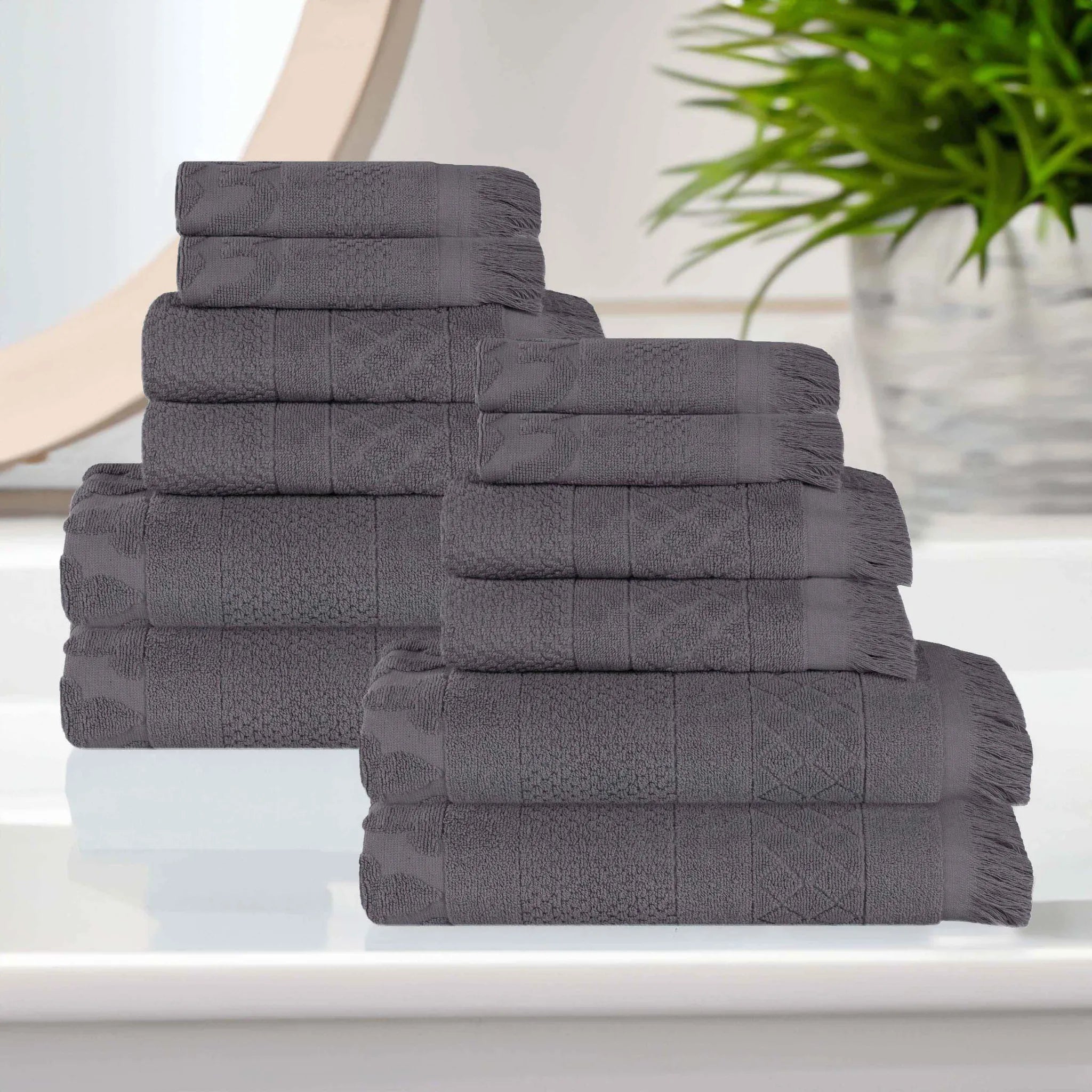 Rolla Cotton Geometric Jacquard Plush Soft Absorbent 12 Piece Towel Set - Towel Set by Superior Brand