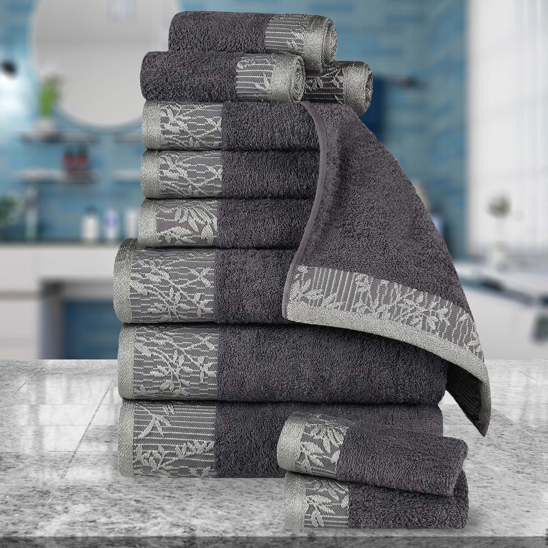Superior Wisteria Cotton Floral Jacquard 12 Piece Towel Set  - Grey