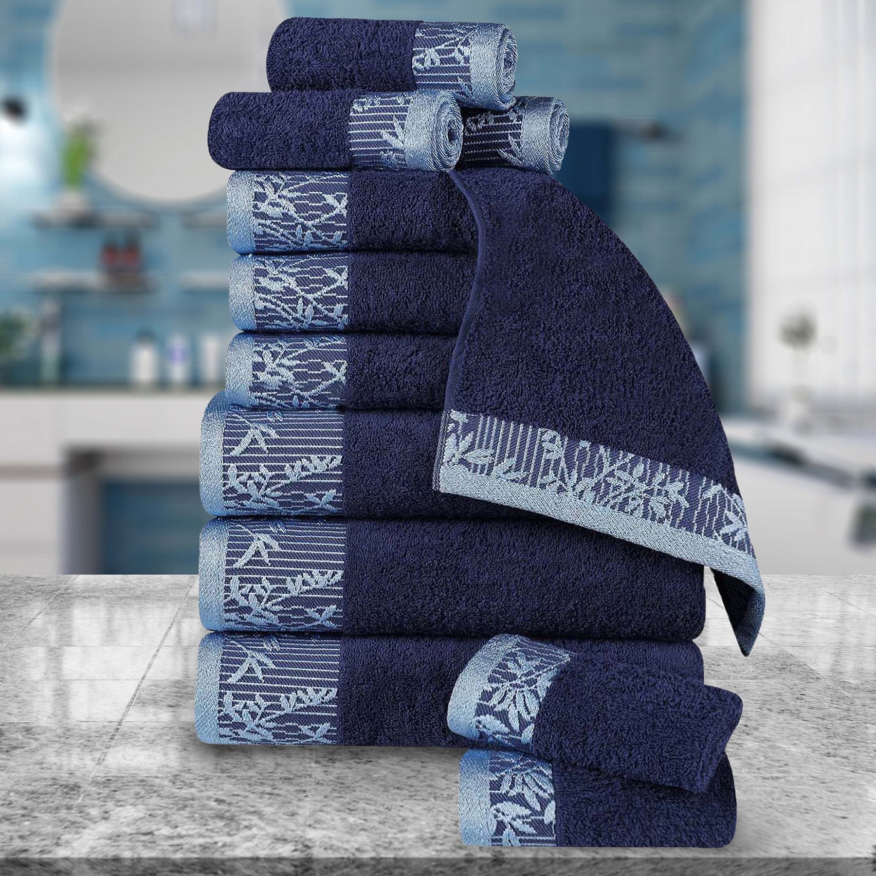 Superior Wisteria Cotton Floral Jacquard 12 Piece Towel Set - Navy Blue
