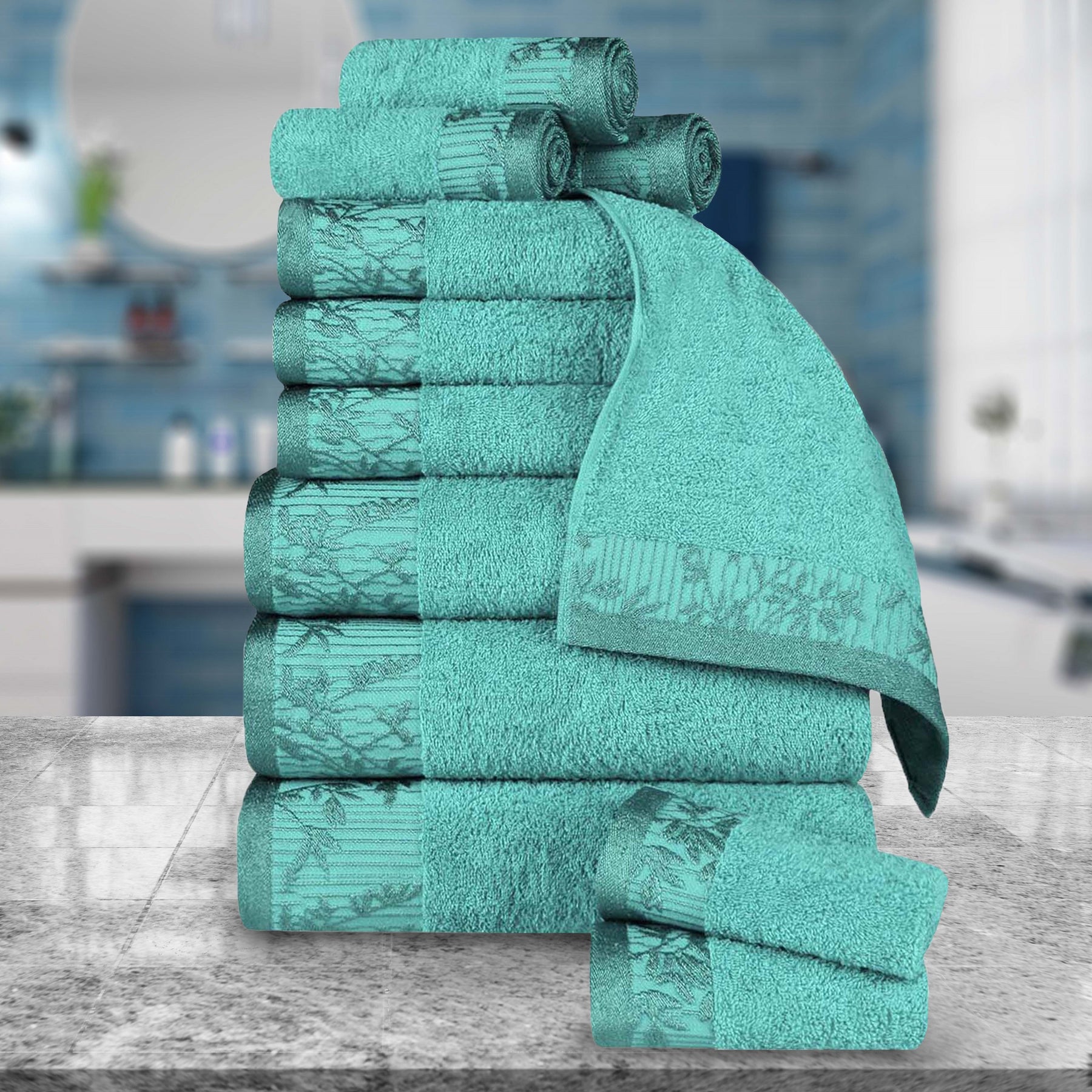 Superior Wisteria Cotton Floral Jacquard 12 Piece Towel Set  - Turquoise