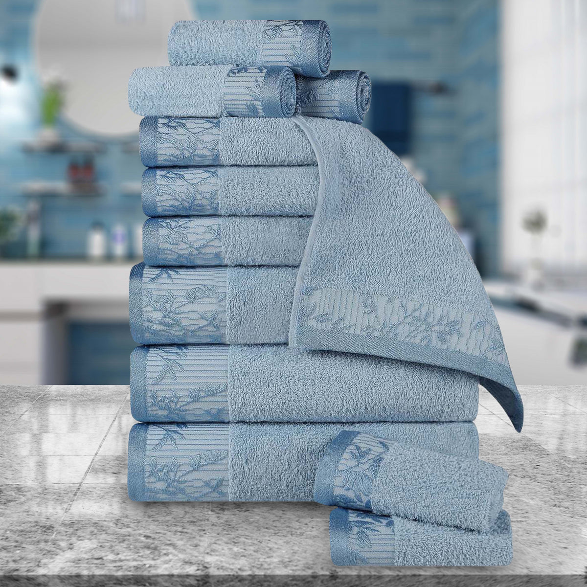 Superior Wisteria Cotton Floral Jacquard 12 Piece Towel Set  - Waterfall
