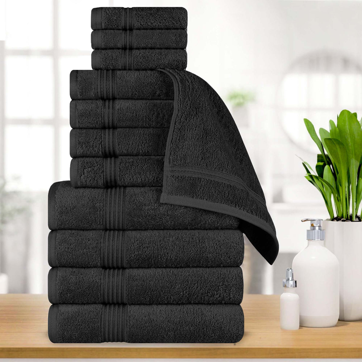 Egyptian Cotton Highly Absorbent Solid 12 Piece Ultra Soft Towel Set - Black