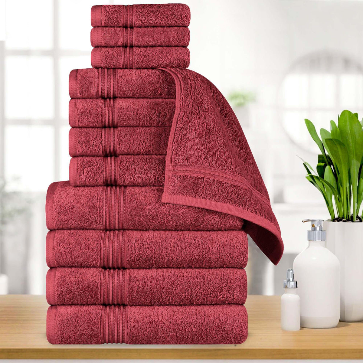 Egyptian Cotton Highly Absorbent Solid 12 Piece Ultra Soft Towel Set - Burgundy