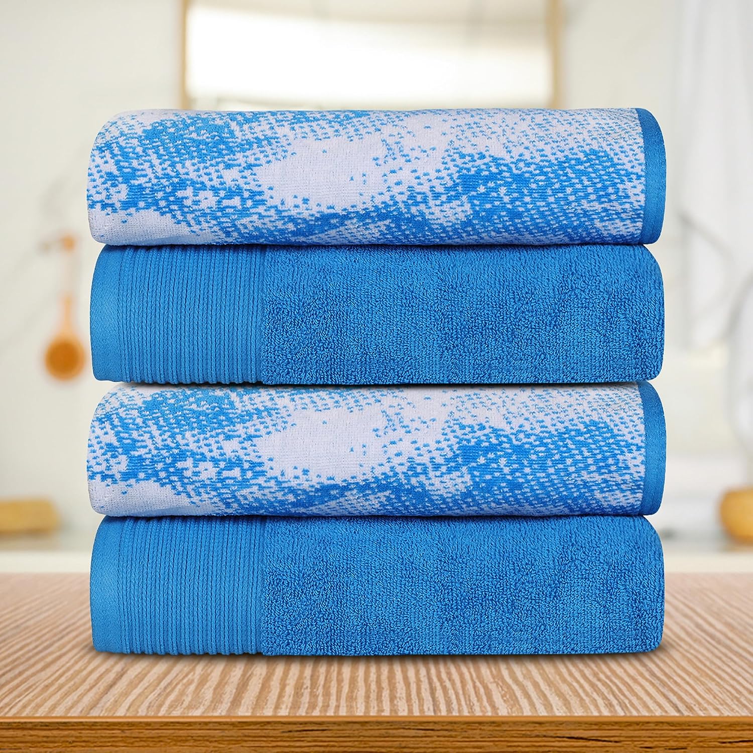 Superior Cotton Medium Weight Marble Solid Jacquard Border Bath Towels (Set of 4) - Blue
