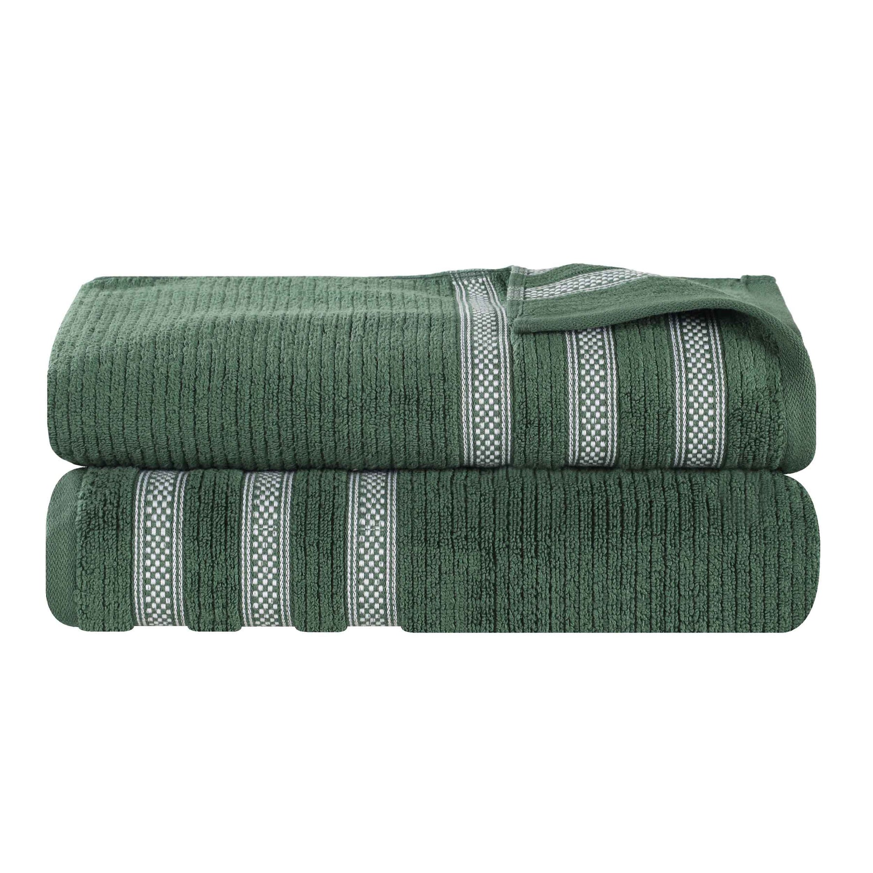 Zero Twist Cotton Ribbed Geometric Border Plush Bath Sheet -  Forest Green