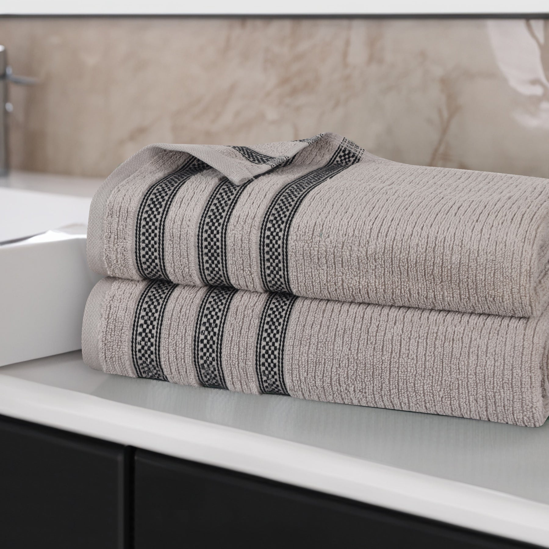  Zero Twist Cotton Ribbed Geometric Border Plush Bath Sheet  - Grey