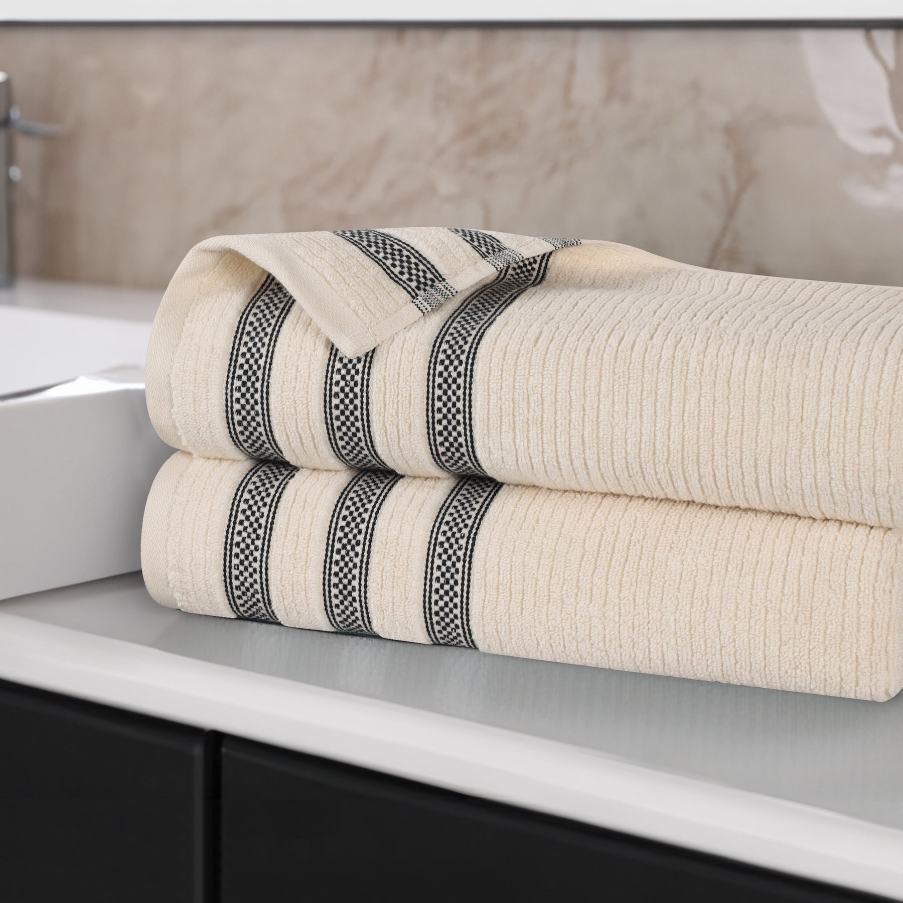 Zero Twist Cotton Ribbed Geometric Border Plush Bath Sheet - Ivory