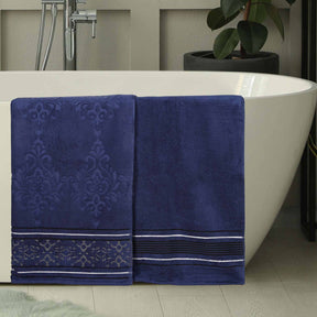Sadie Zero Twist Cotton Floral Solid and Jacquard Bath Sheet - Navy Blue